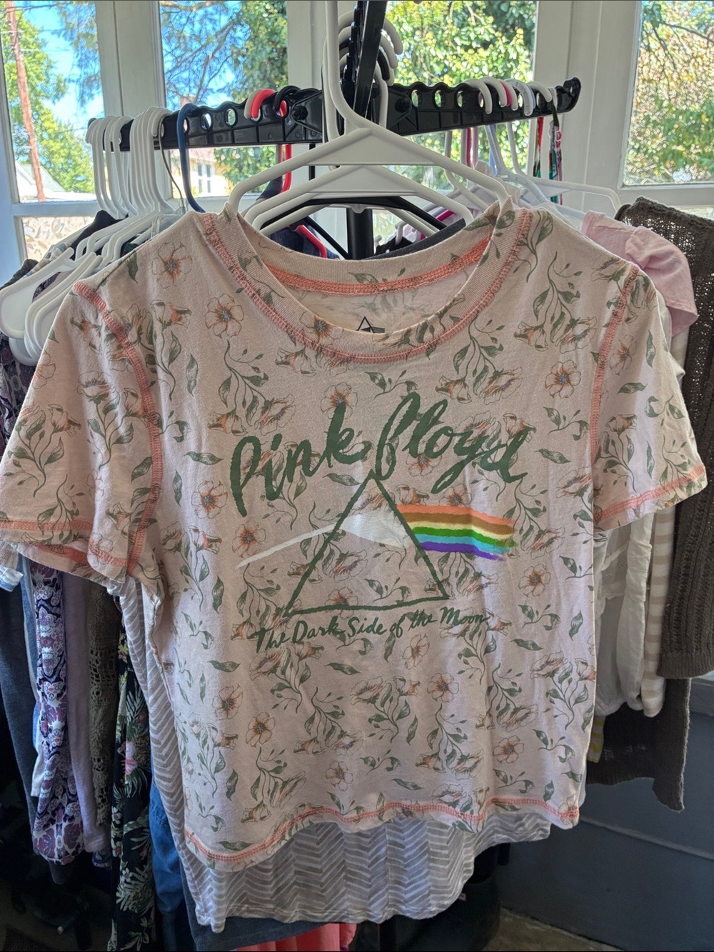 Pink Floyd Light Pink Floral women’s Short Sleeve Tee with Rainbow Detail